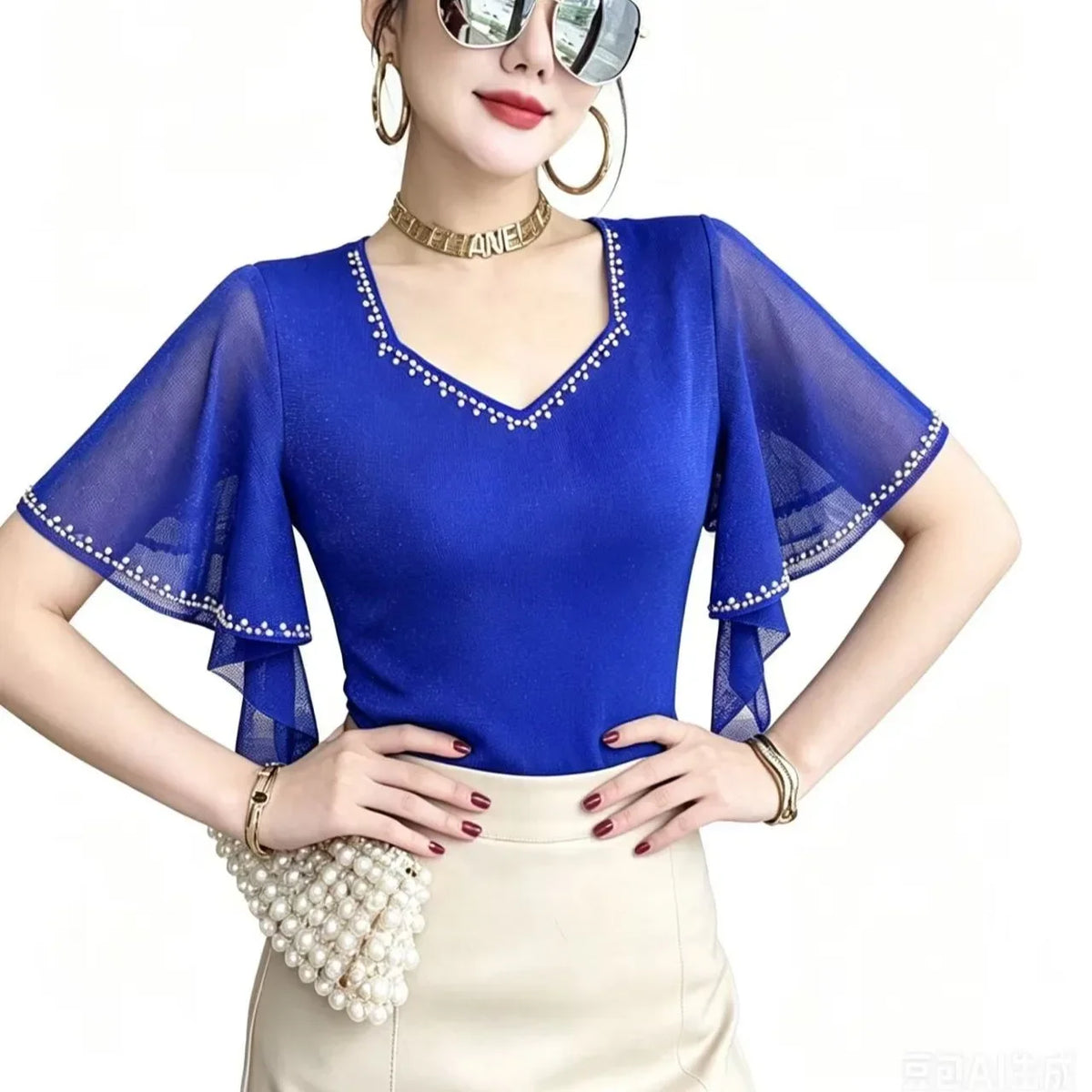 Summer New Diamond Shirt Short Sleeved Mesh Tops Slim Korean Fashion
