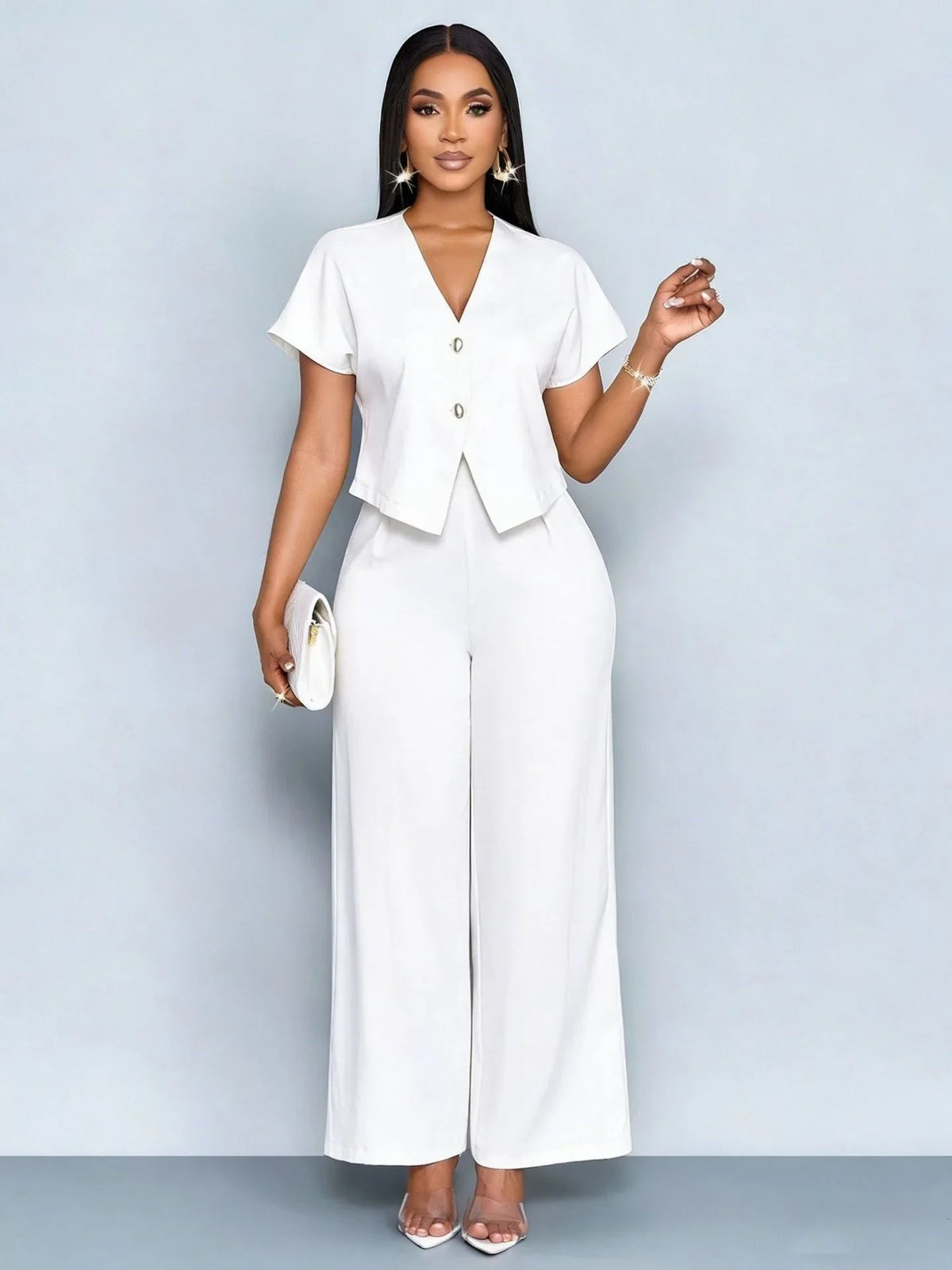 Summer Elegant 2 Piece Suit For Women V Neck Short Sleeve Blouse Top High Waist Wide Leg Pants Set Casual Business Office Outfit