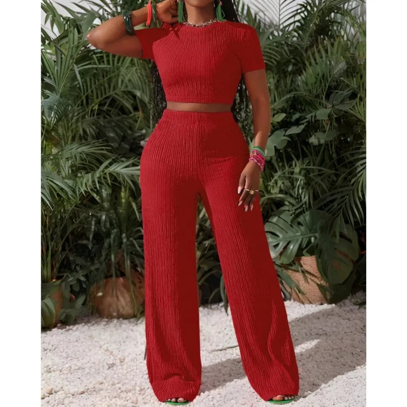 Casual Sports Set for Women Sexy Slim Short Sleeve O Neck Tops+high