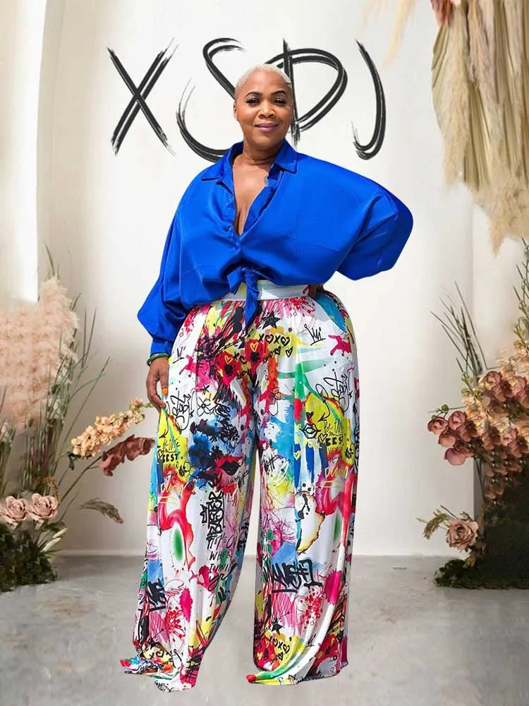 2piece Woman Outfit Streetwear Blue Silk Blouses Women Plus Size