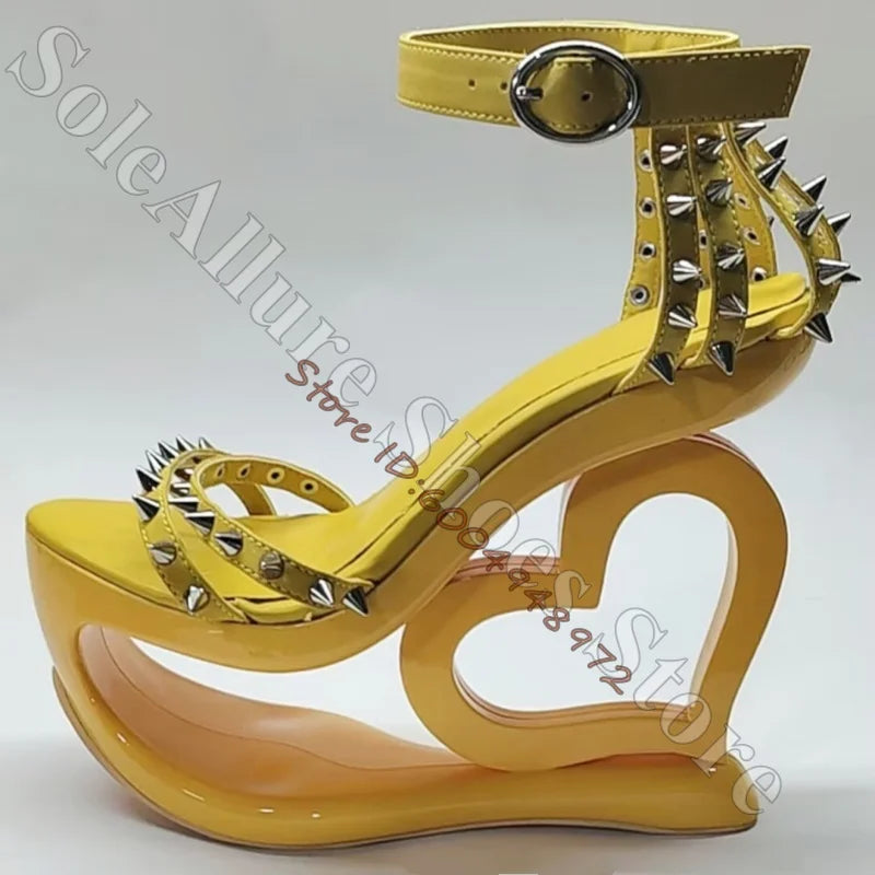 Hot Pink Spike Stud Caged Heart Cutout Wedge Sandals Gloss Patent Ankle Buckle Hollow Sculptural Platform Heels Y2K Trend Sandal