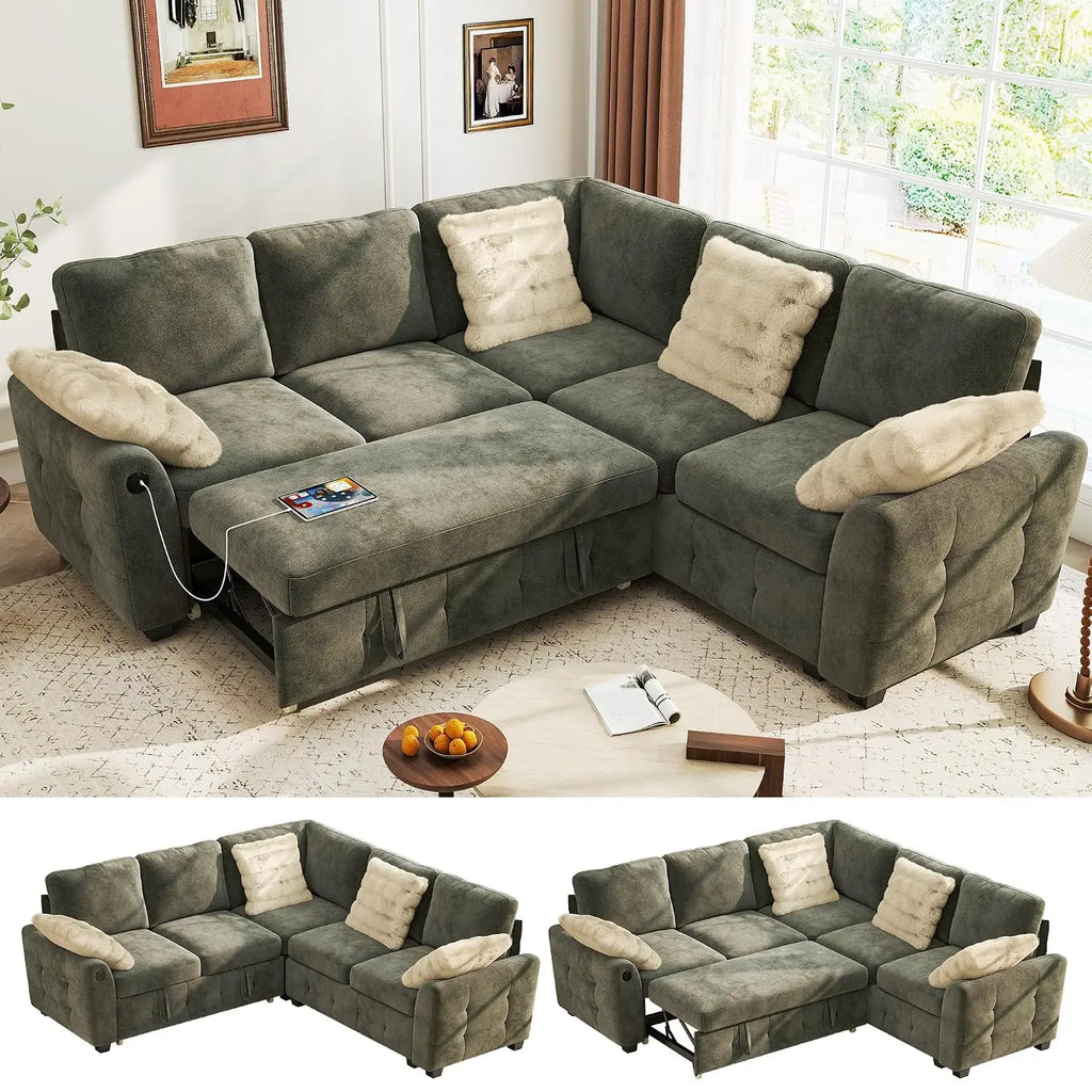 L-Shaped Sectional Sofa Bed with Storage, 5-Seater Convertible Pull Out Sleeper Sofa with USB Charging Ports, 4, Customized