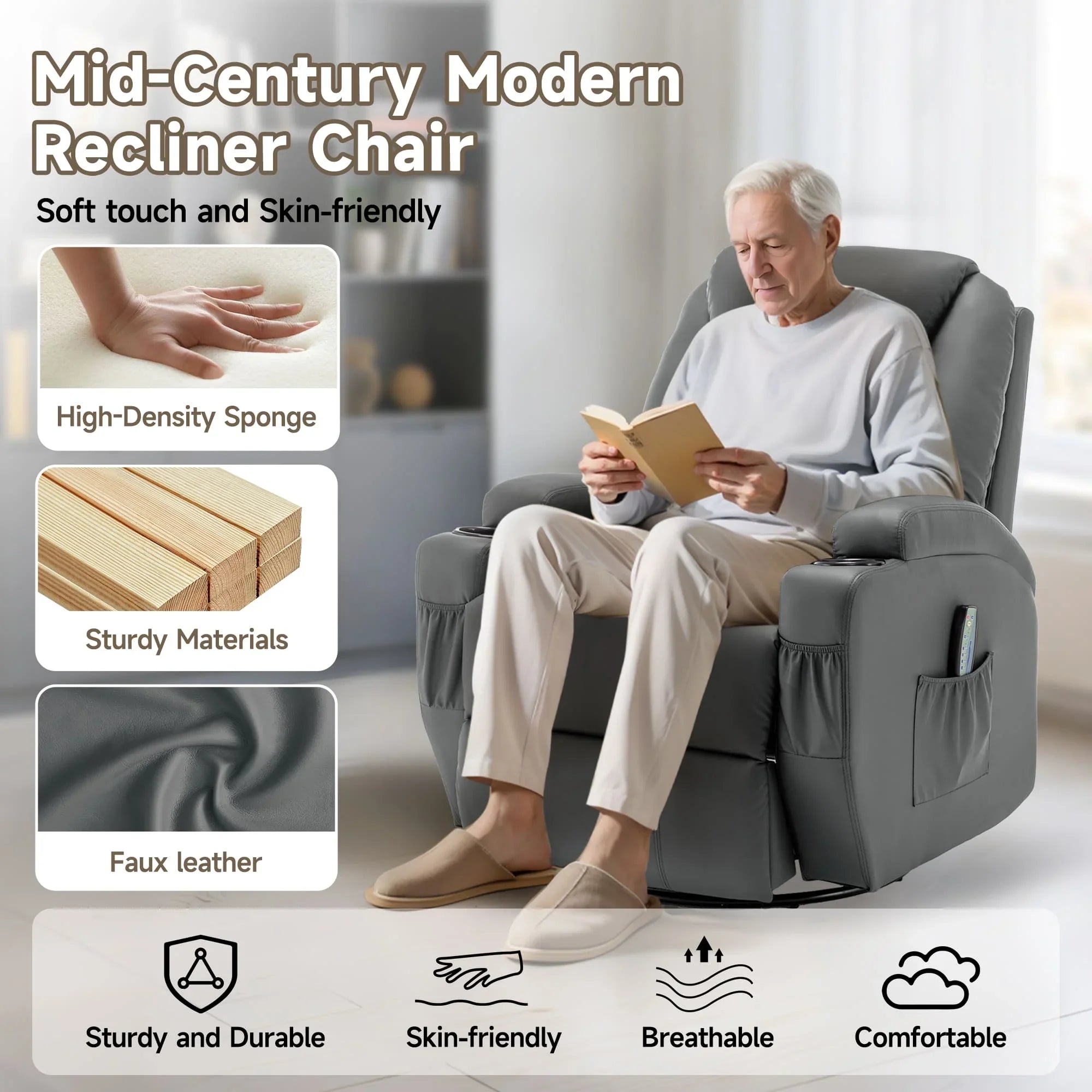 Recliner Chair with Massage and Heat, 360° Swivel Rocking Chairs for Adults, Remote Control and Cup Holder for Living Room