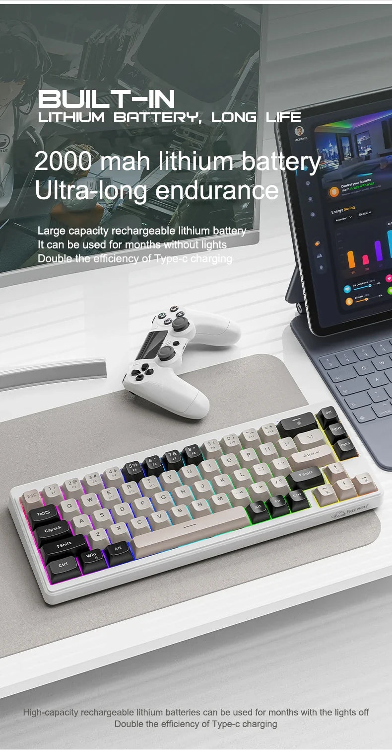 FREEWOLF M68™ Wireless Mini Keyboard & A3 Silent Mouse Set – Tri-Mode Wired/BT/2.4G, 68 Keys, PBT Keycaps, Rainbow Backlit, 2000mAh, 4000 DPI, Type-C, Cheese, Blueberry & Glimmer | FlipStylez LLC®