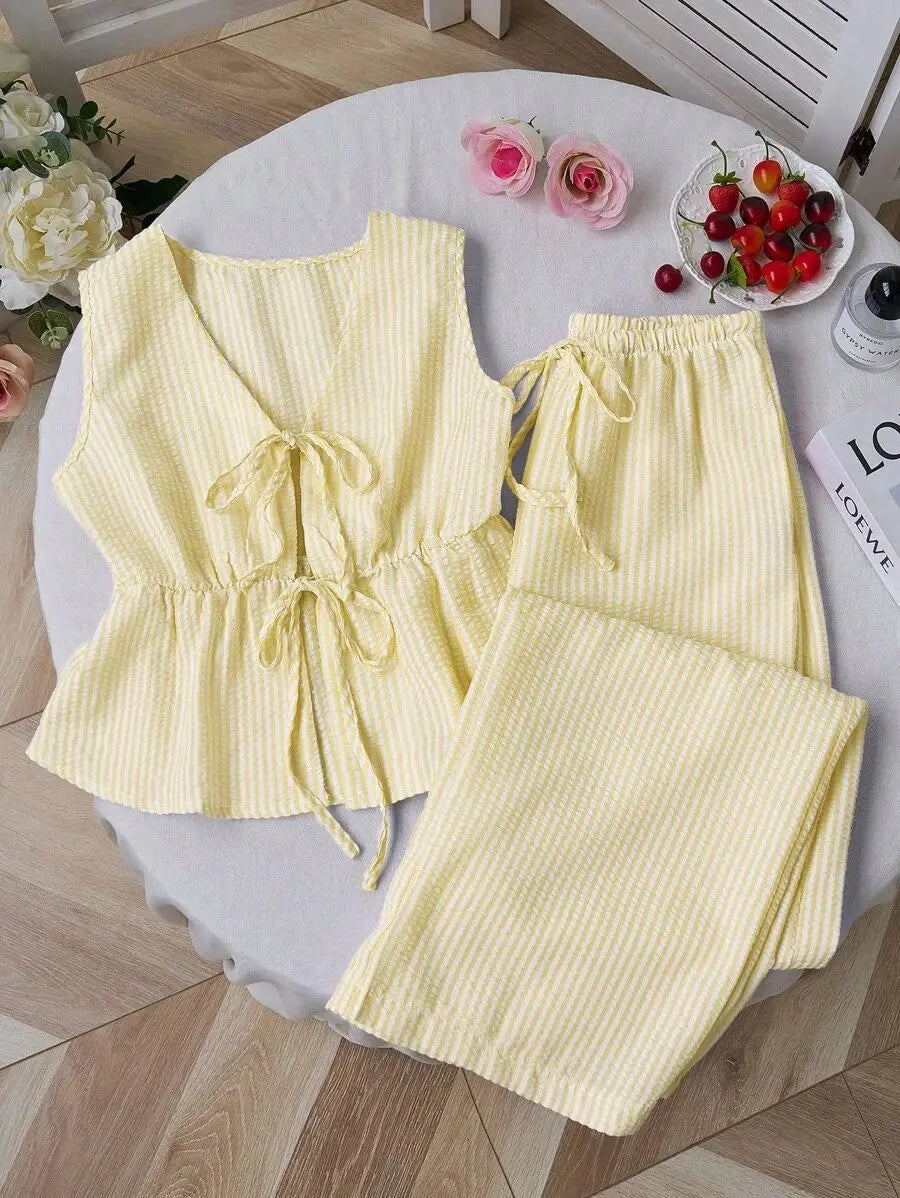 Summer Two Piece Set Women Striped V Neck Lace Up Sleeveless Blouse