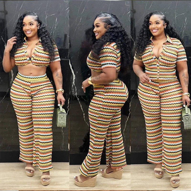 Spring Summer Women Hollow Striped Knitted 2 Pieces Set Short Sleeve
