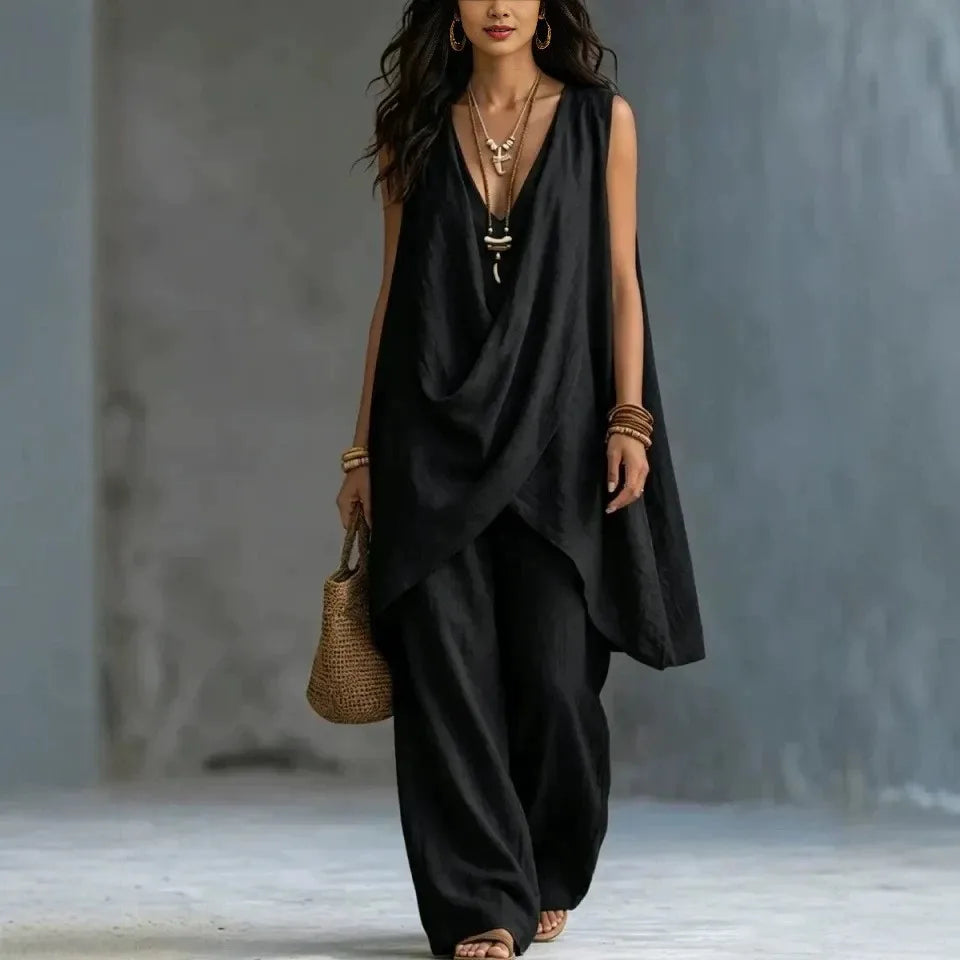Women Holiday Blouse Pant Suits Summer Sexy V Neck Sleeveless Loose Asymmetrical Blouse Tops&Wide Leg Full Trouser Sets