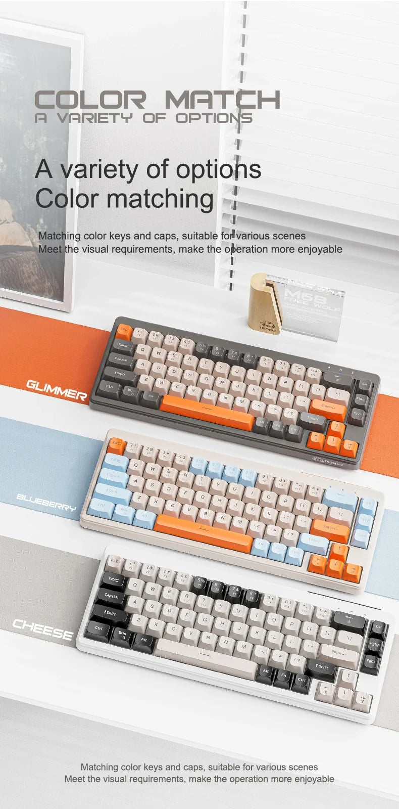 FREEWOLF M68™ Wireless Mini Keyboard & A3 Silent Mouse Set – Tri-Mode Wired/BT/2.4G, 68 Keys, PBT Keycaps, Rainbow Backlit, 2000mAh, 4000 DPI, Type-C, Cheese, Blueberry & Glimmer | FlipStylez LLC®