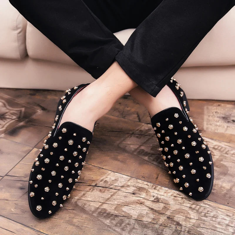 2024 New Brand Black Spikes Mens Loafers Luxury Shoes Denim And Metal Sequins High Quality Casual Men Shoes Wedding Flats Shoes
