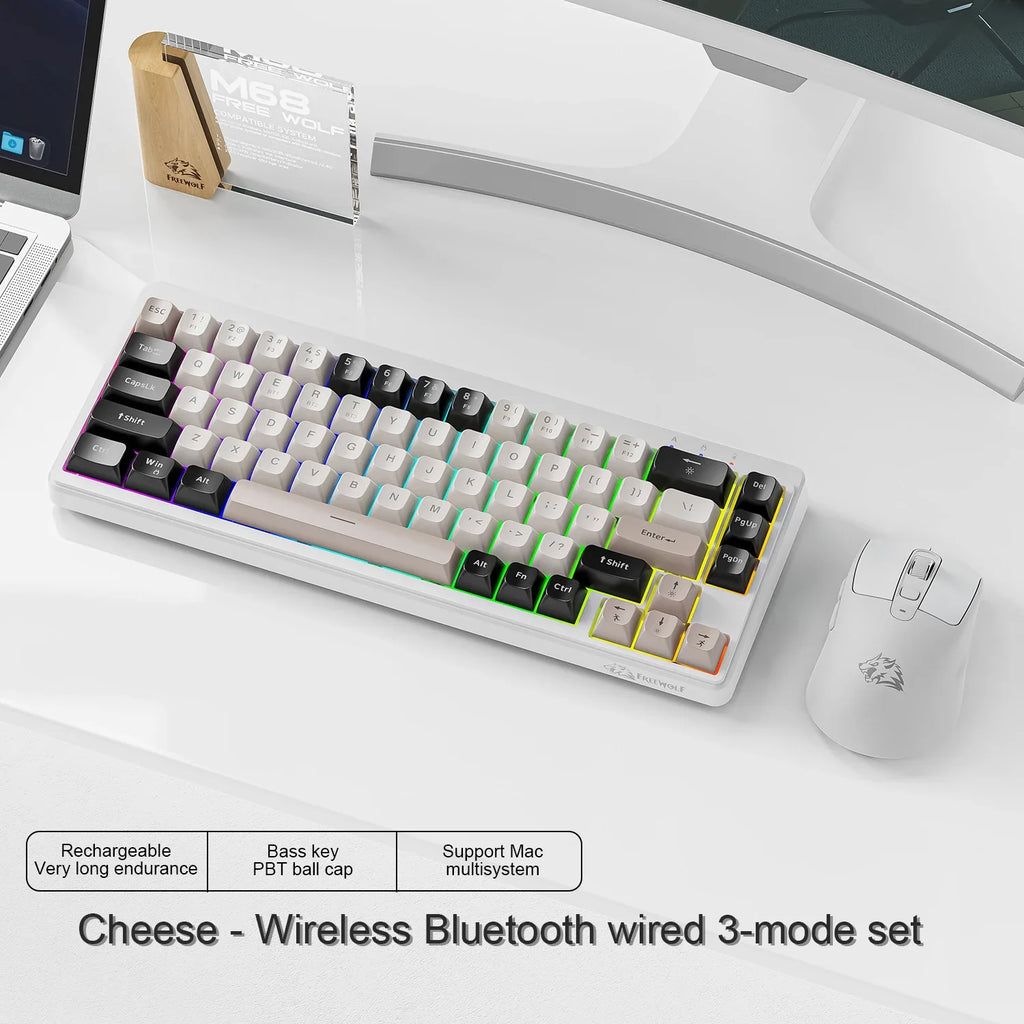 FREEWOLF M68™ Wireless Mini Keyboard & A3 Silent Mouse Set – Tri-Mode Wired/BT/2.4G, 68 Keys, PBT Keycaps, Rainbow Backlit, 2000mAh, 4000 DPI, Type-C, Cheese, Blueberry & Glimmer | FlipStylez LLC®