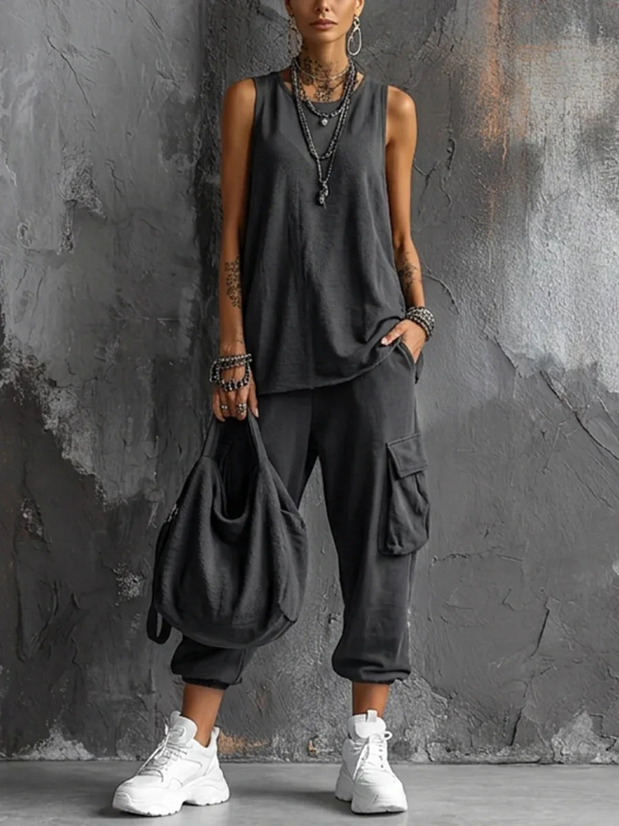 Boho Vacation Summer Sport Outfits Woman O Neck Sleeveless Top Big