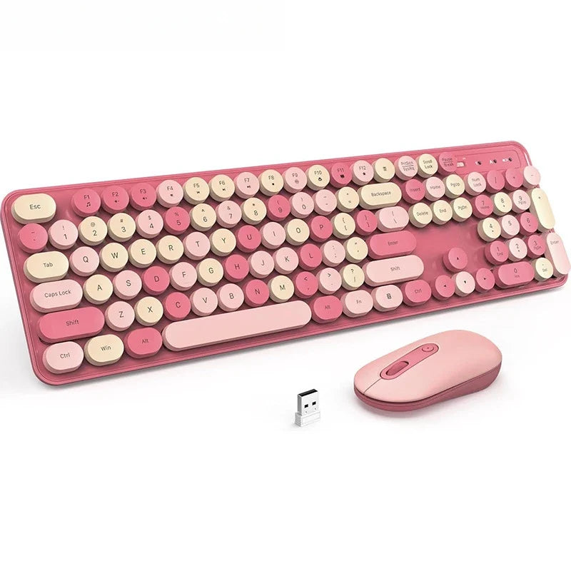 AEVYVKV™ Cute Retro Pink Wireless Keyboard & Mouse Set – Silent, 114 Keys, 2.4GHz, Waterproof, Aesthetic Desk | FlipStylez LLC®