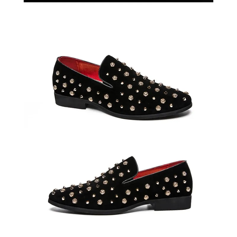 High Quality Casual Men Wedding Flats 2026 New Brand Black Spikes Mens Loafers Luxury Shoes Denim And Metal Sequins