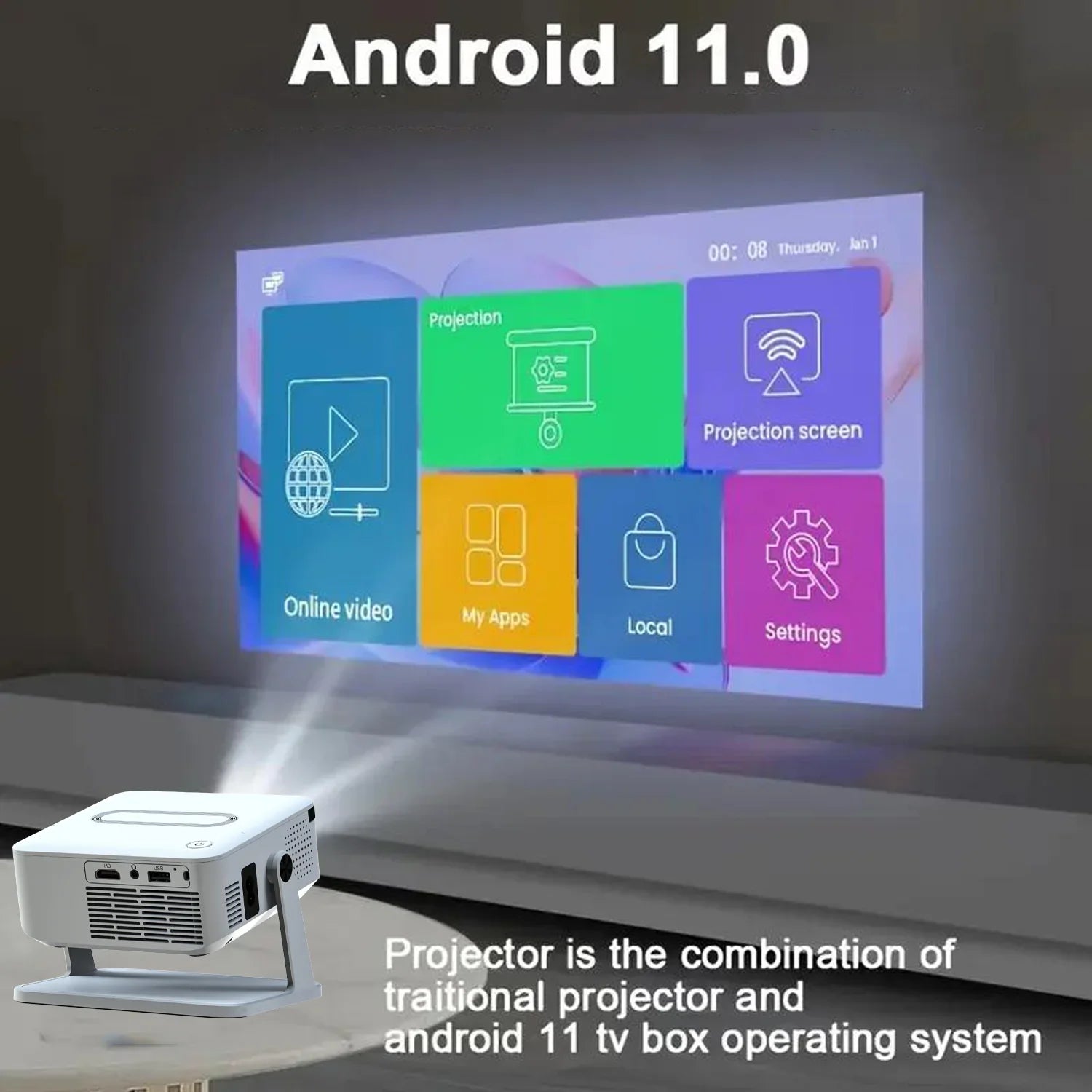 Digital Projector Android With Holder HD Video Smart Projector Outdoor with HDMI USB Wireless Connection for Home Cinema Out