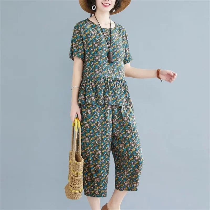 5XL Middle Aged Female Pants Suit Cotton Two Piece Set Women Summer