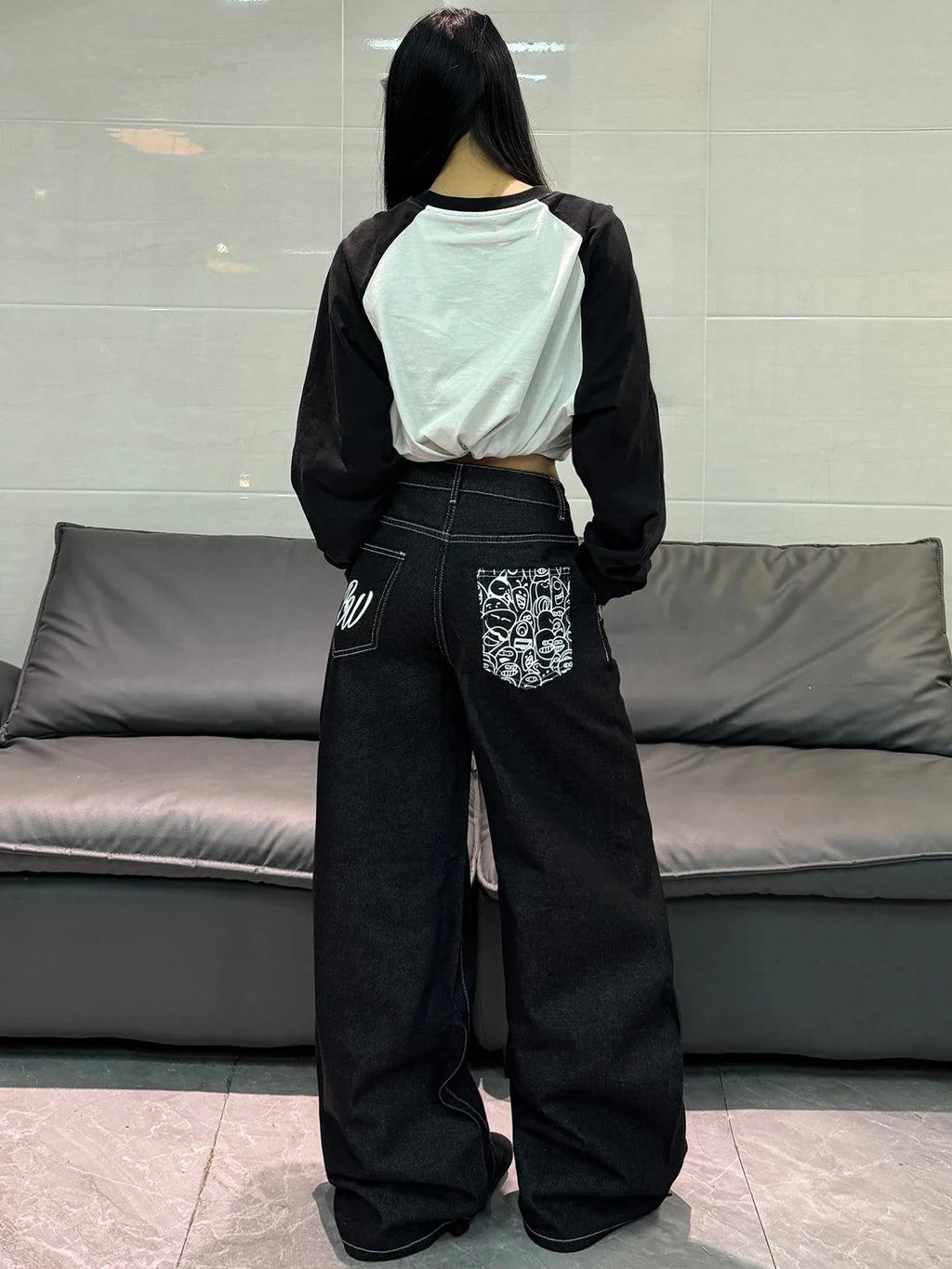 American High Street Cartoon Print Design Black Women's Loose Wide Leg Jeans Y2K Street Fashion Versatile Trousers
