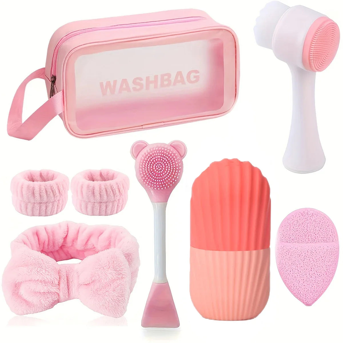 8-piece silicone skincare set with ice roller and cold compress mask - pink and white two-tone facial spa set, skincare tools
