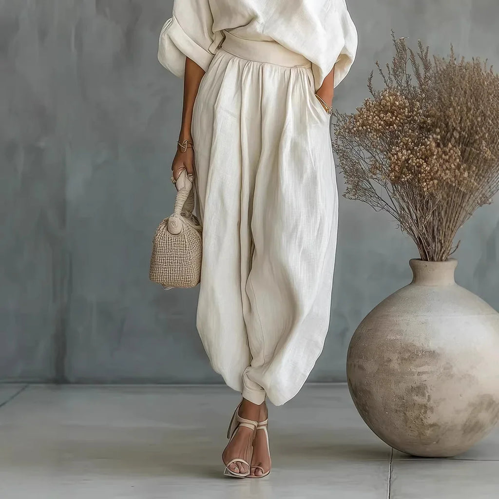 2026 One Shoulder Linen 2 Piece Set Women Roll Up Sleeve Waist Belt High Waist Lantern Pants White Breathable Casual Daily Beach