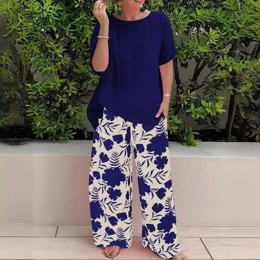 Wide Leg Pant Two Piece Set Women Fashion Short Sleeve Shirt and Pant