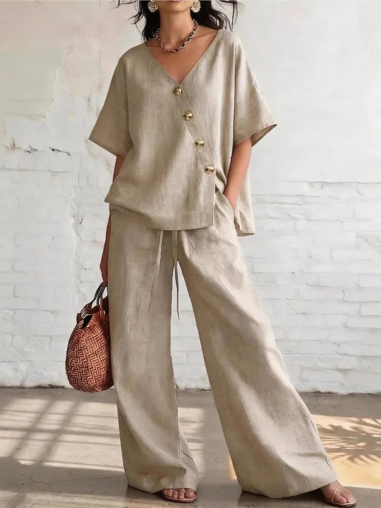 Casual Loose Pants Sets Women Summer Fashion Short Sleeve V-Neck Tops