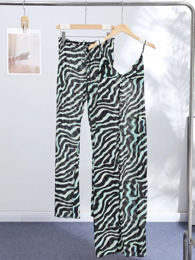 Beach Print Top Pants Women Set Sexy Sling V-Neck Long Blouse Wide Leg