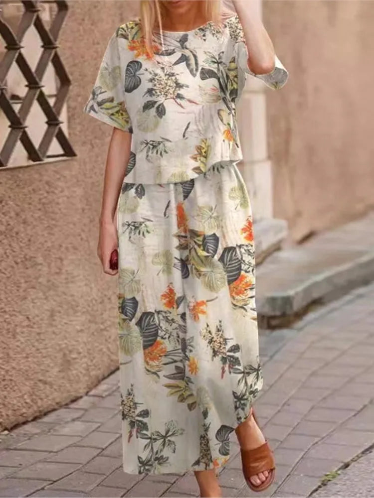 Autumn New Women's Fashion Printed Cotton Linen Plant Flower Three