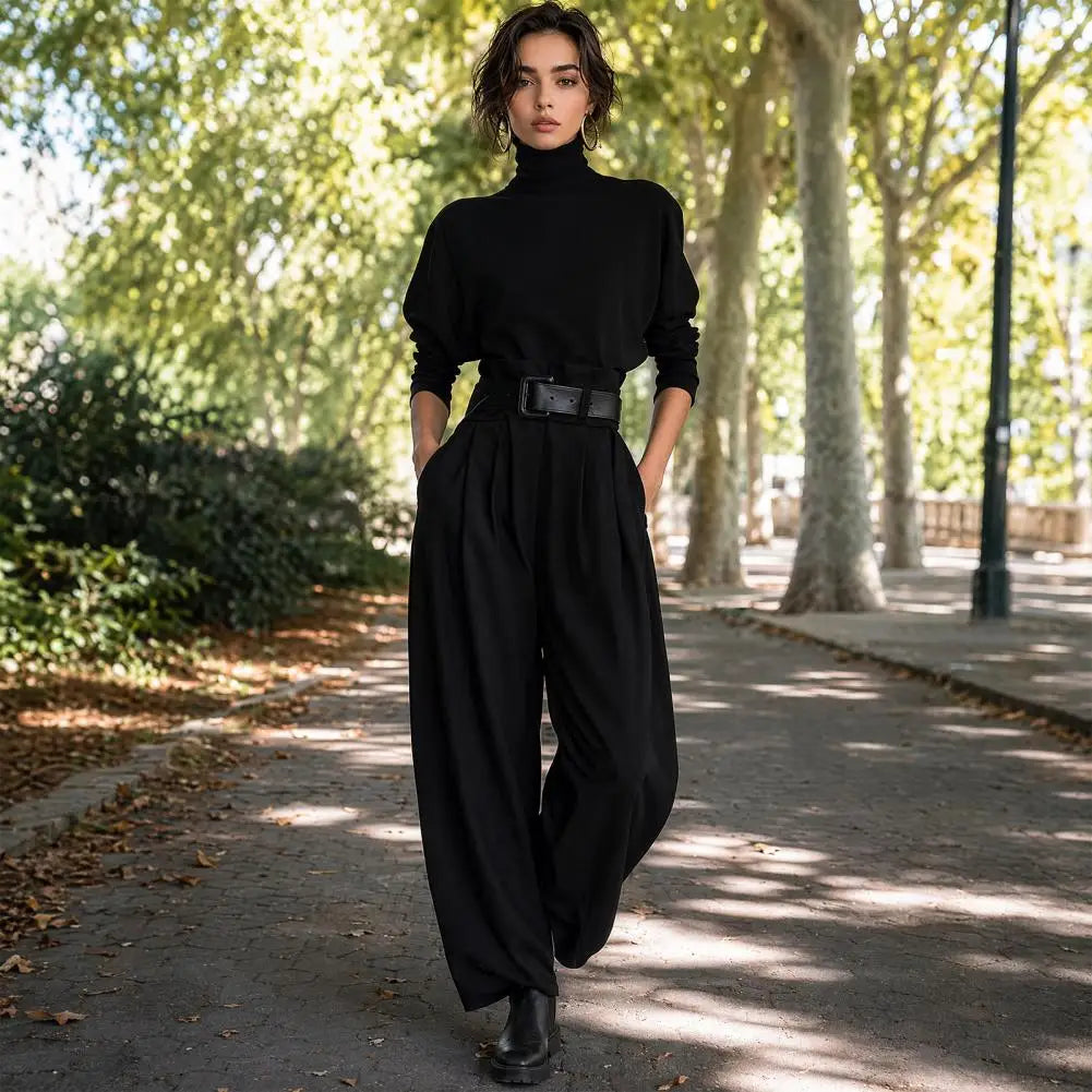 2 Piece Set Women's High-Neck Turtleneck Long Sleeve High-Waist Belted