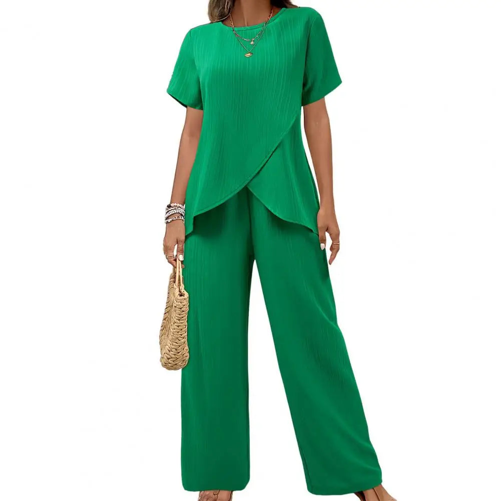 Casual Solid Suit Women Summer Fashion Round Neck Short Sleeve