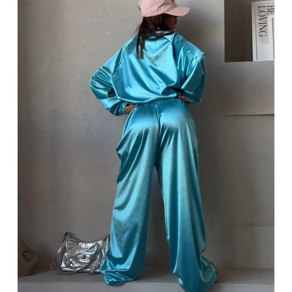 2026spring Autumn New Satin Women's Sports Suit Fashion Zipper Long