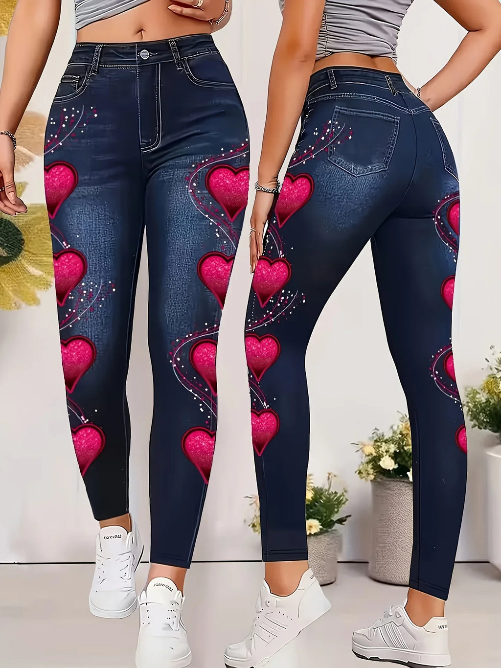Women High Waist Faux Denim Leggings, Heart Print Skinny Pencil Pants, Stretch Non-Denim Slim Casual Streetwear Trousers