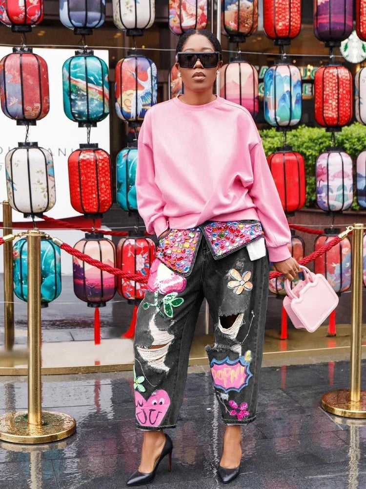 Women Denim Pant Jeans Print Floral Long Pants Hot Drilling High Waist Straight Trousers Y2k Streetwear Elegant Hole Work 2026