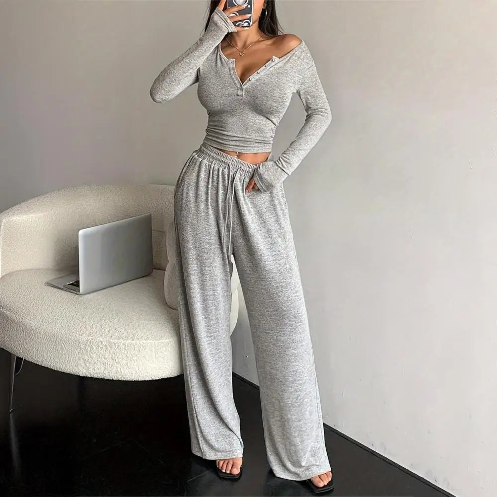 Button Up Crop Top & Wide Leg Pants Set, Women's Long Sleeve Matching