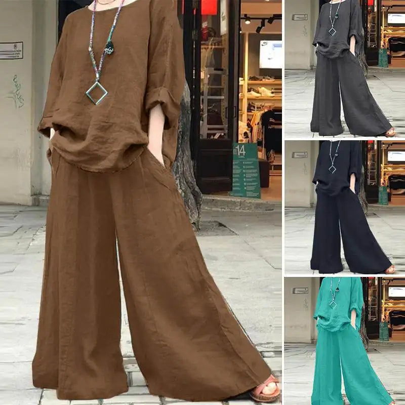 Casual Cotton Linen Set Women's O Neck Long Sleeve Blouses Wide Leg