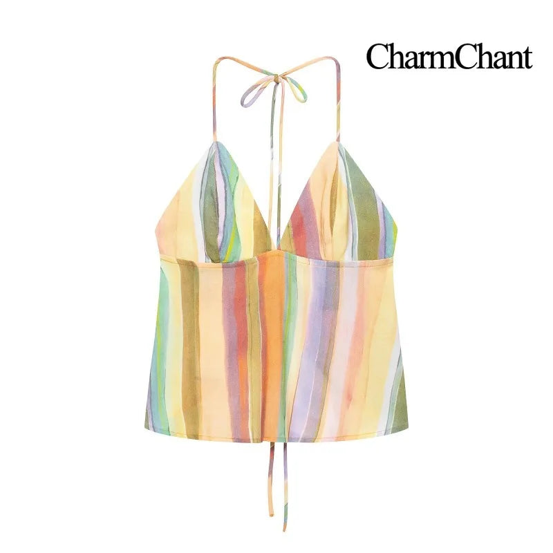 Charmchant Women's Colorful Stripe Two Piece Outfit Halter Backless