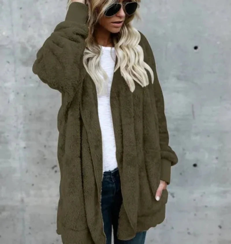 Double Fleece Plush Hooded Cardigan Jacket Women