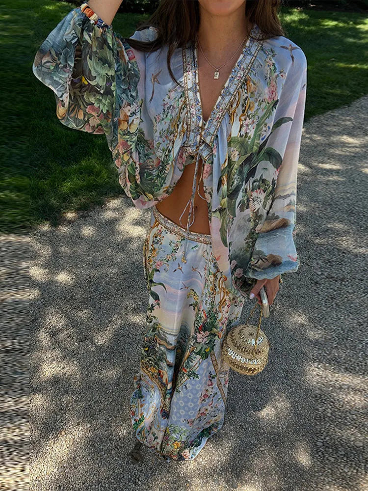 Bohemian Floral Matching Set V Neck Tie Front Crop Top Elastic Waist