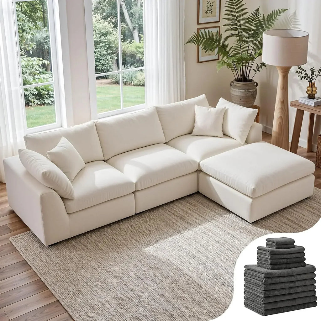 108" Cloud Sectional Couch with 2 Washable Cover Sets | L-Shaped Modular Sofa with Ottoman, Deep Seat Couch for living room