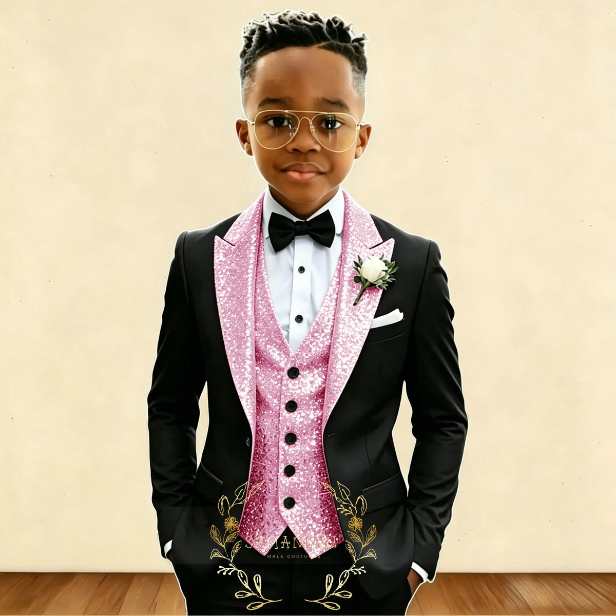 Black And Gold Sequin Boy's Suit Attire Peaked Lapel Children Wedding Party Tuxedos 3 Pieces Sets costume garçon cérémonie 2026