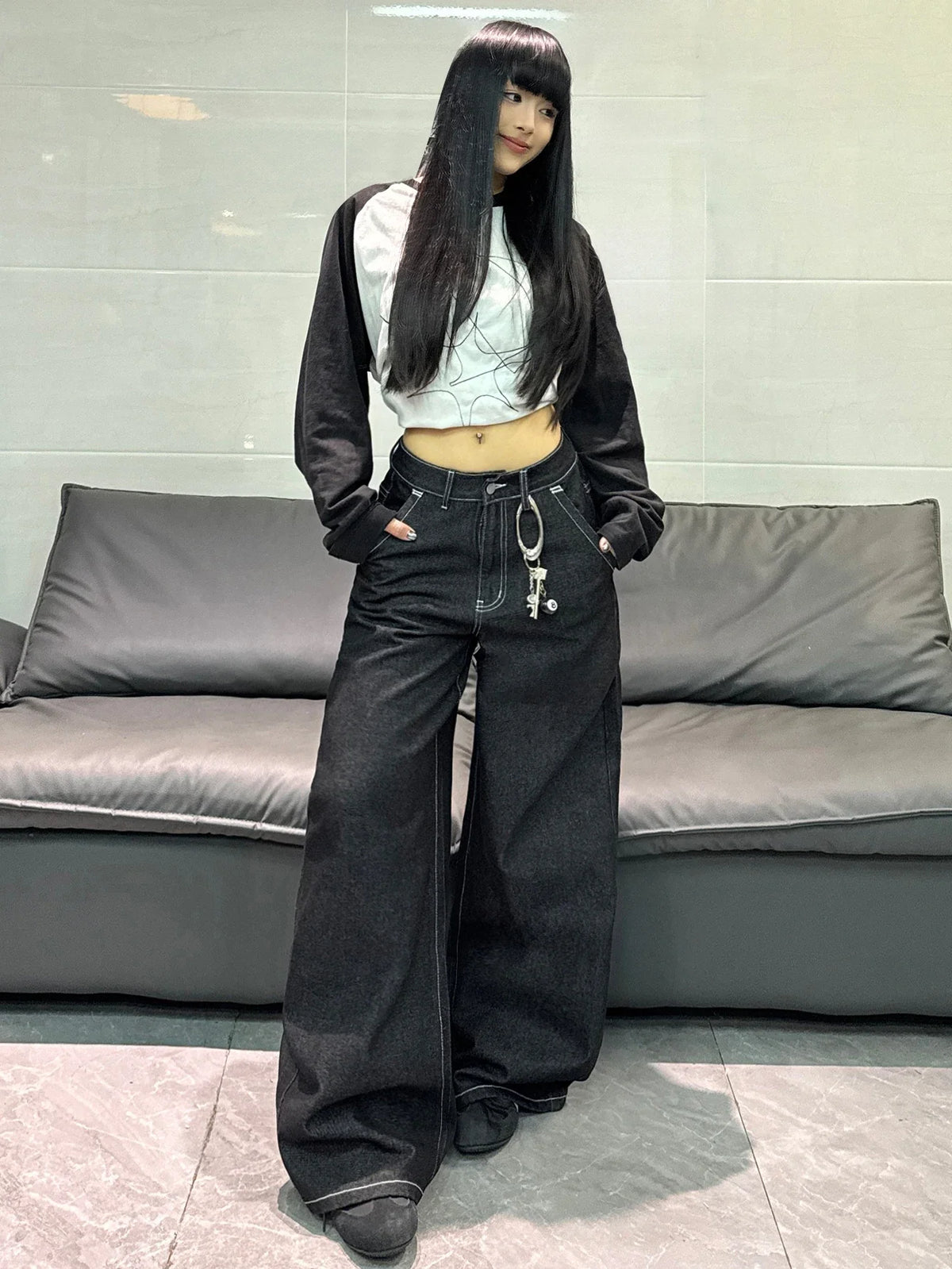 American High Street Cartoon Print Design Black Women's Loose Wide Leg Jeans Y2K Street Fashion Versatile Trousers