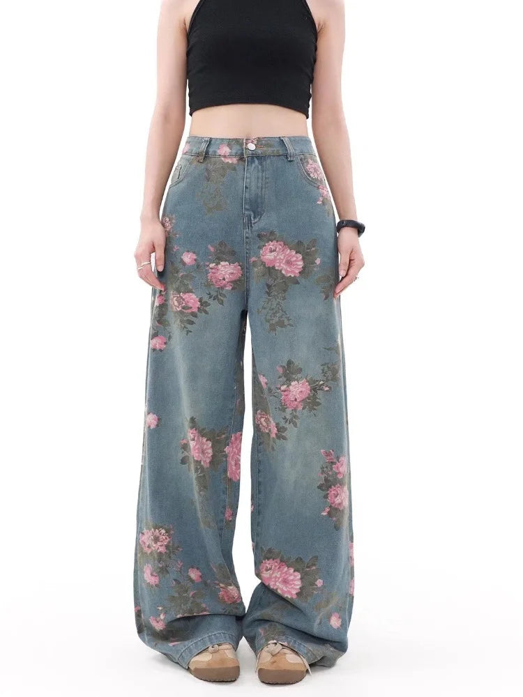 2026 Ropa Y2K Fashion Peach Blossom Printed Baggy Jeans Pants For Women Clothing Wide Leg Casual Lady Trousers Pantalon Femme