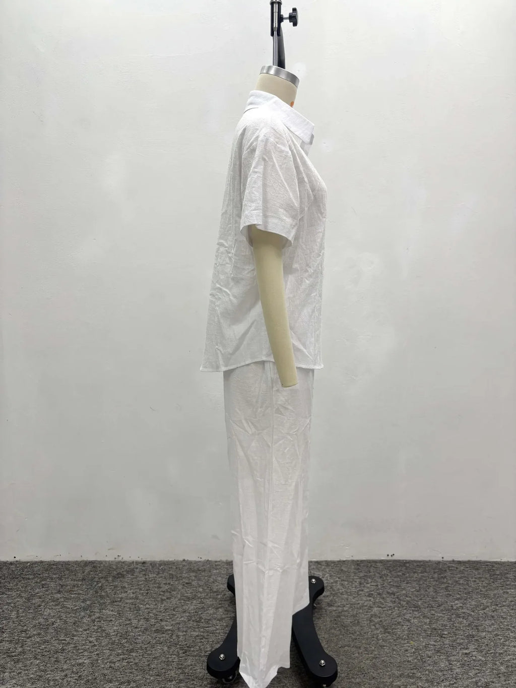 Women Casual Two Piece Pant Set Short Sleeve Turn Down Collar Shirts Top and High Waist Loose Wide Leg Pant Matching Set 2025