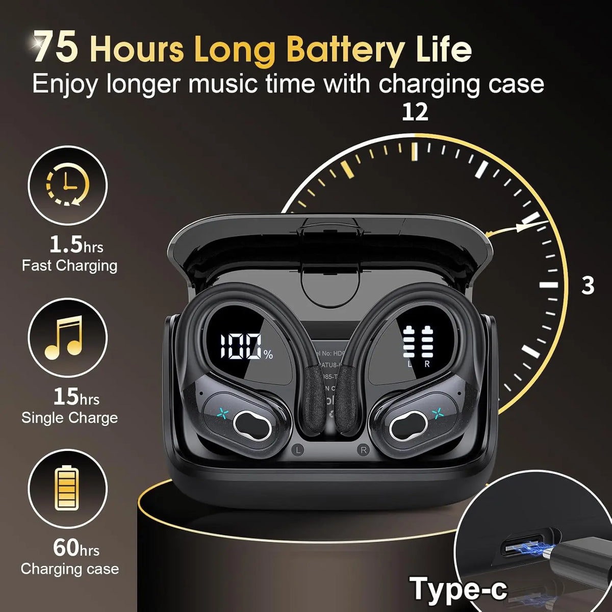 TWS Sports Earbuds Bluetooth 5.4 HIFI Bass Wireless Headphones LED Touch Hands-free Earphone Noise Cancelling Waterproof Headset