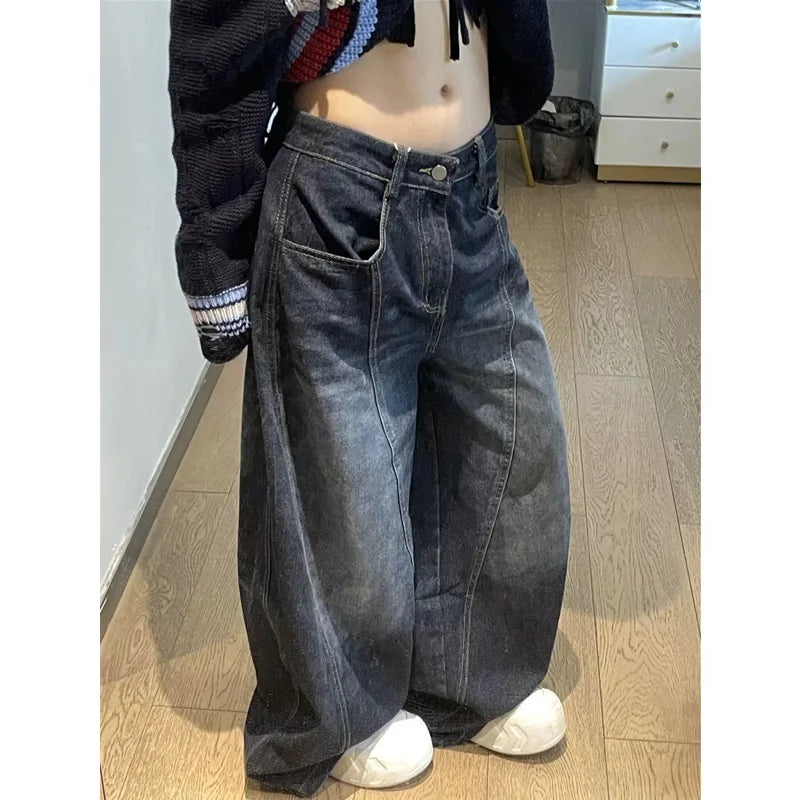 Black Womens Jeans High Waist Vintage Design Hip Hop Straight Baggy