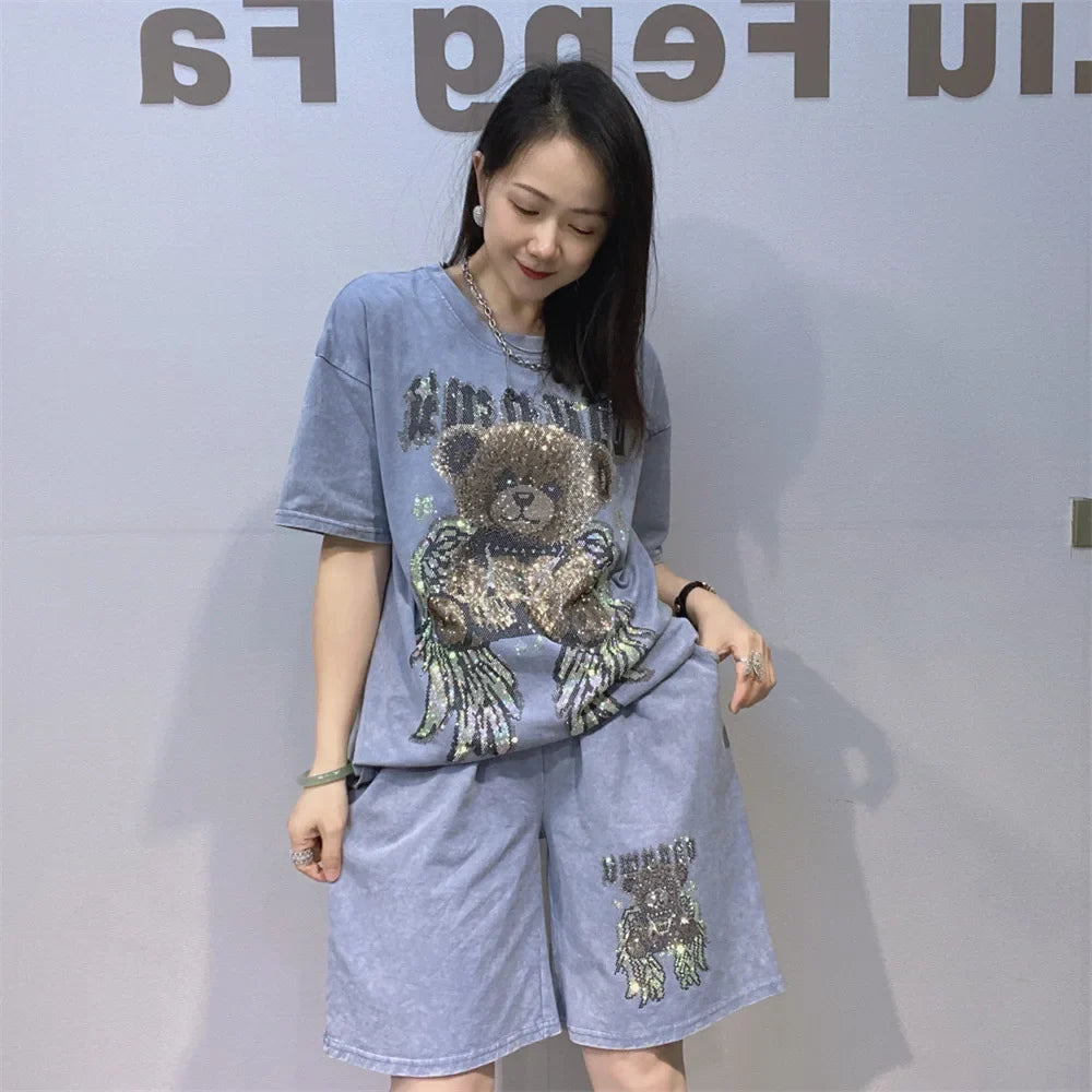 Tie-dye Cartoon Bear Oversized Short Pant Sets Woman Outfits 2026 Summer Casual O Neck Short Sleeve T Shirt 2 Piece Sets