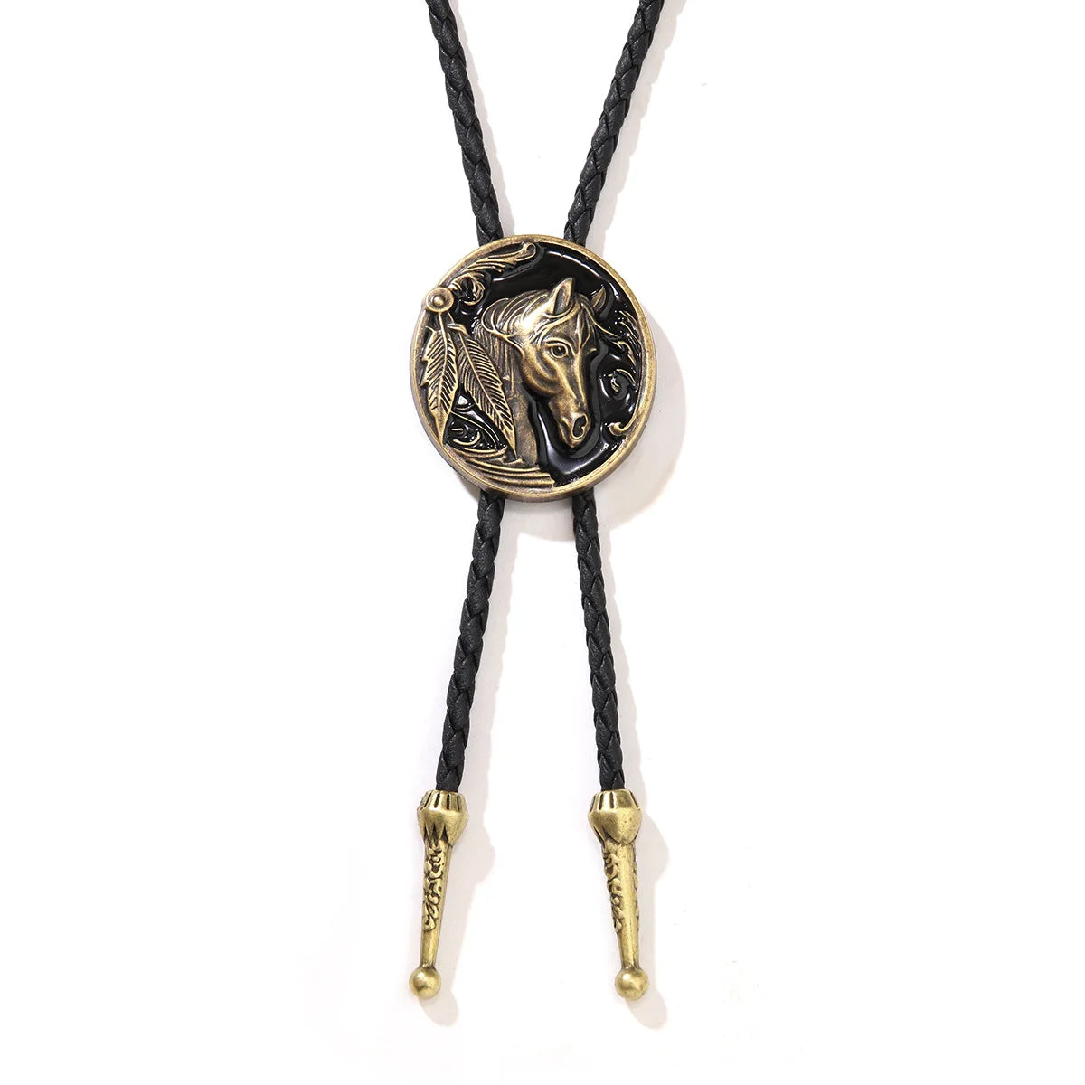 2026 New Western Horse Head Relief Bolo Tie with Braided Leather Cord & Metal Tips Vintage Cowboy Necklace Adjustable Necktie