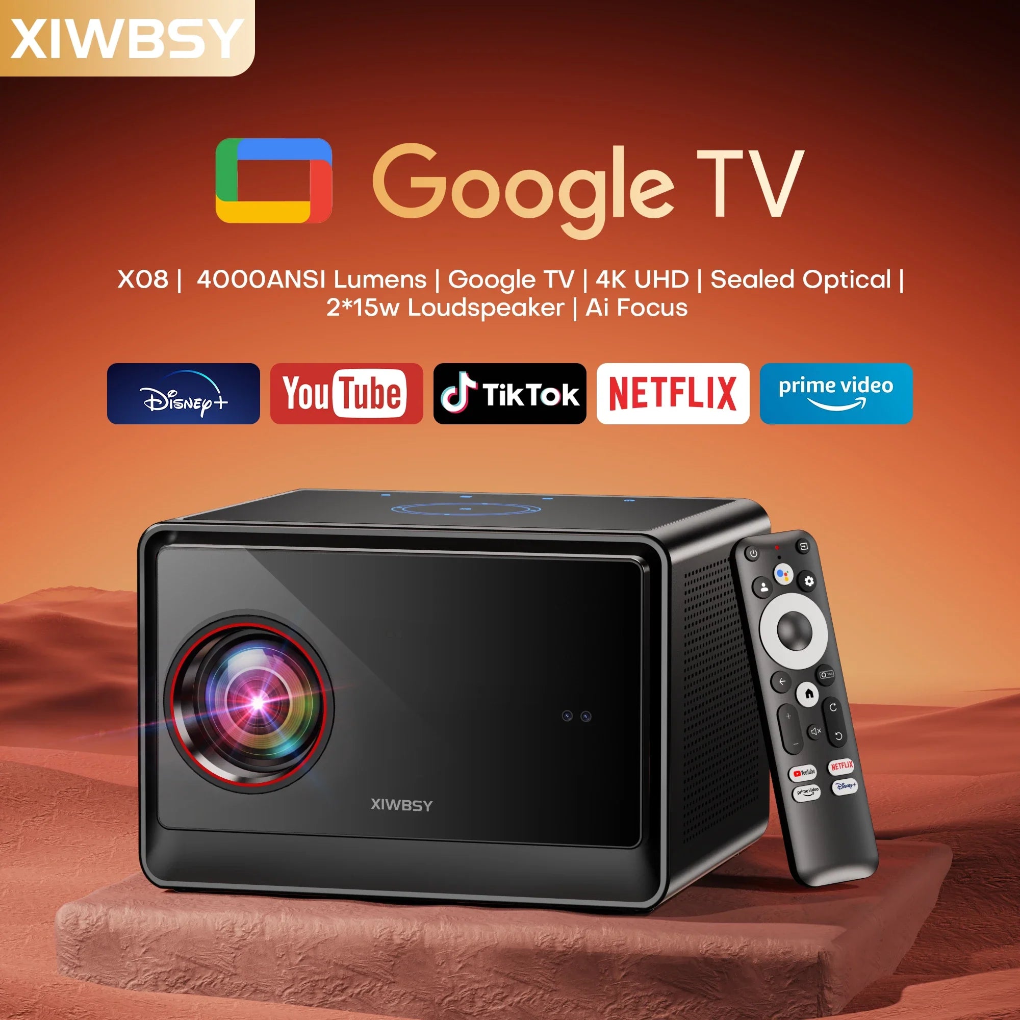 XIWBSY 64GB Google TV Projector 4000ANSI Offline Cinema Beamer 4K HD Video Projector Android 14.0 Sealed Optical Projector