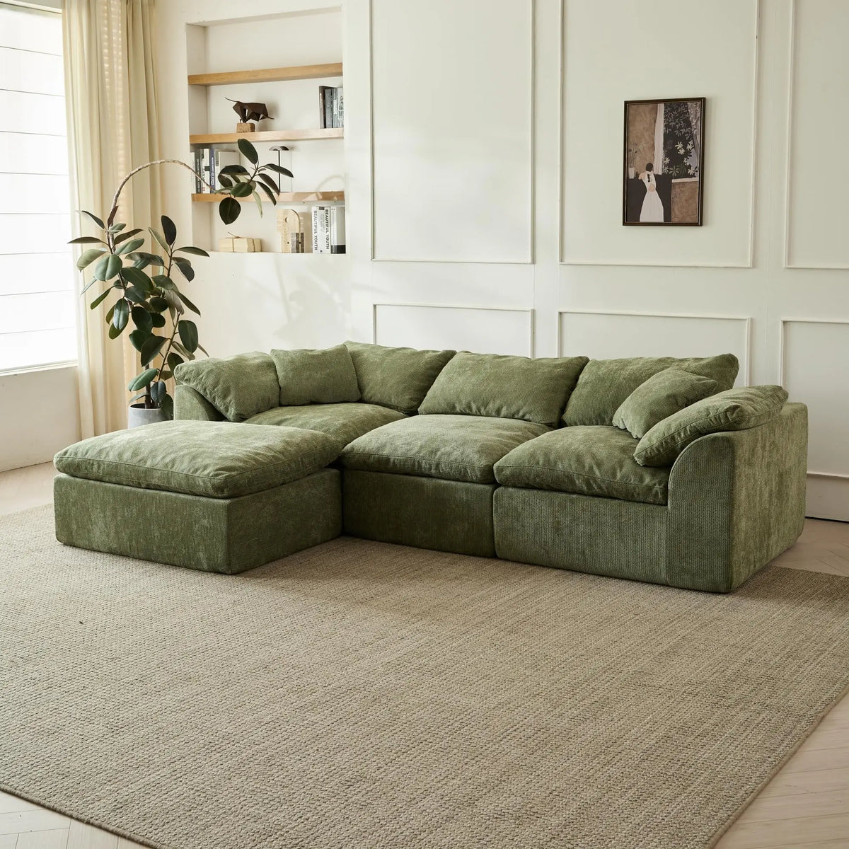 Modern Cloud L-Shaped 3-Seater Oversized Deep Seat Chenille Fabric Sofa Green Modular Sectional with Ottoman