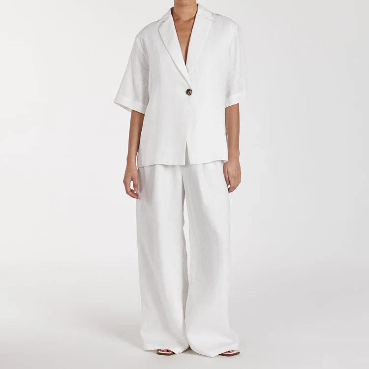 New Cotton Turn-Down Collar Half-Sleeve Top Wide-Leg Pants Two-Piece