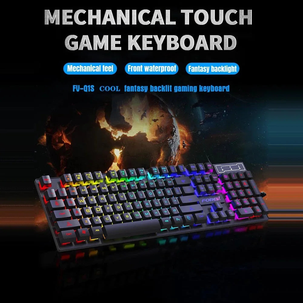 Kebidumei™ 104-Key Backlit Mechanical-Feel Wired Gaming Keyboard & Mouse Set – 3-Color Rainbow Backlit, Waterproof, Laser-Engraved Floating Keycaps, USB, PC & Laptop | FlipStylez LLC®
