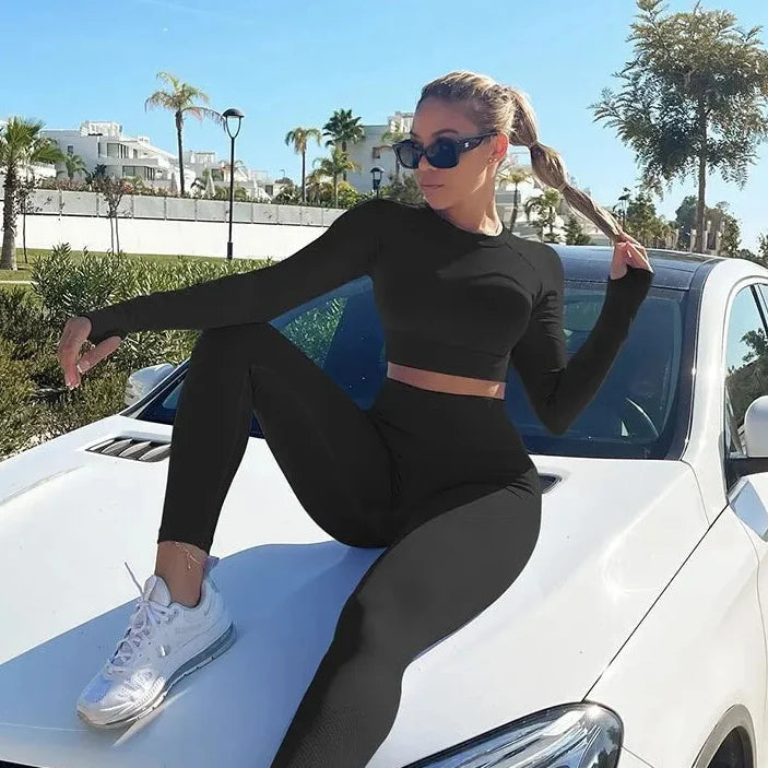 Copped Long Sleeve Leggings Workout Set